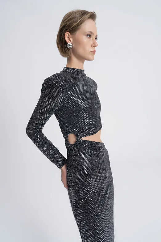 Bayan Gümüş Pulpayet Derin Yırtmaçlı Bel Dekolteli Midi Elbise - BSL