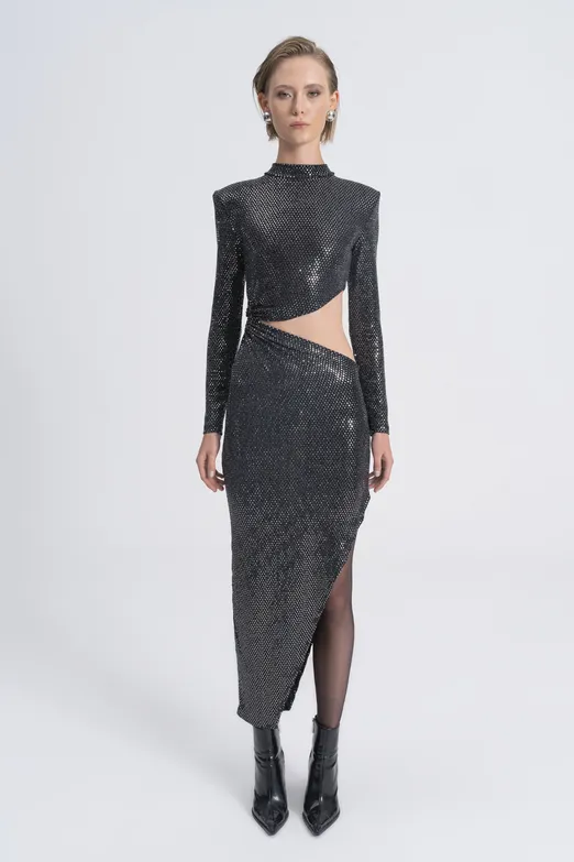 Bayan Gümüş Pulpayet Derin Yırtmaçlı Bel Dekolteli Midi Elbise - BSL