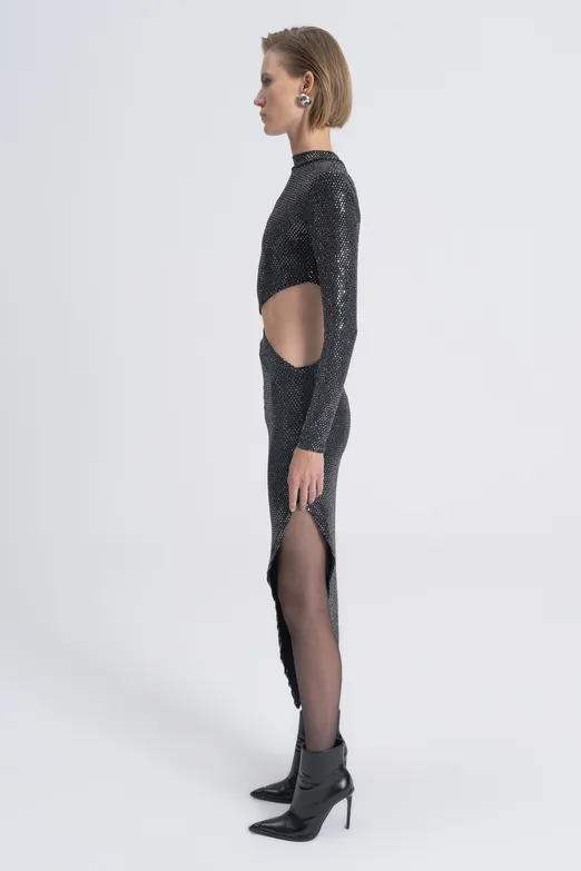 Bayan Gümüş Pulpayet Derin Yırtmaçlı Bel Dekolteli Midi Elbise - BSL