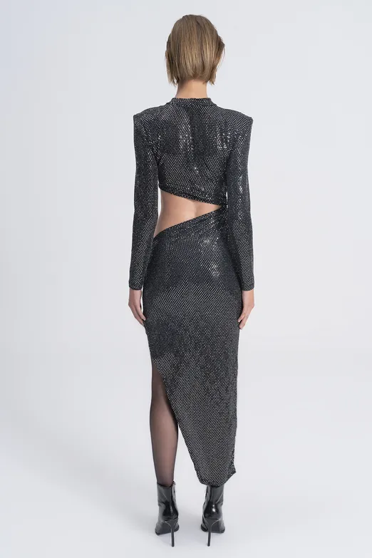 Bayan Gümüş Pulpayet Derin Yırtmaçlı Bel Dekolteli Midi Elbise - BSL