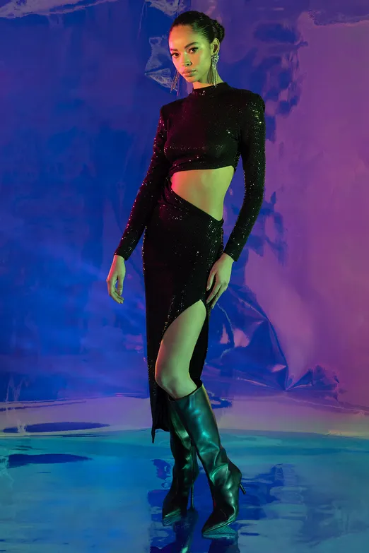 Bayan Siyah Pulpayet Derin Yırtmaçlı Bel Dekolteli Midi Elbise - BSL