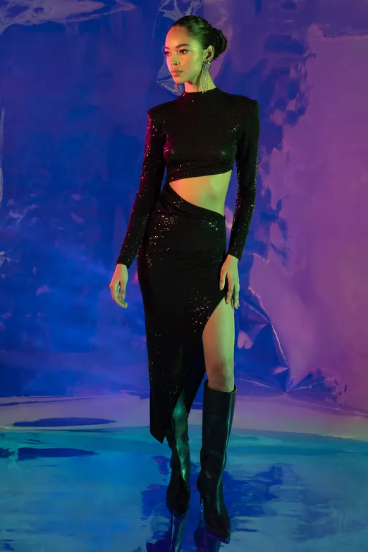 Bayan Siyah Pulpayet Derin Yırtmaçlı Bel Dekolteli Midi Elbise - BSL