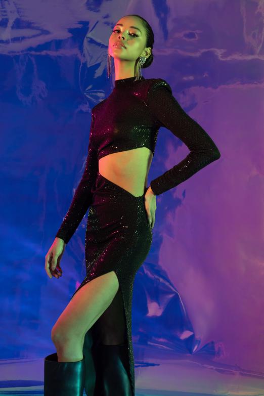 Pulpayet Derin Yırtmaçlı Bel Dekolteli Midi Elbise