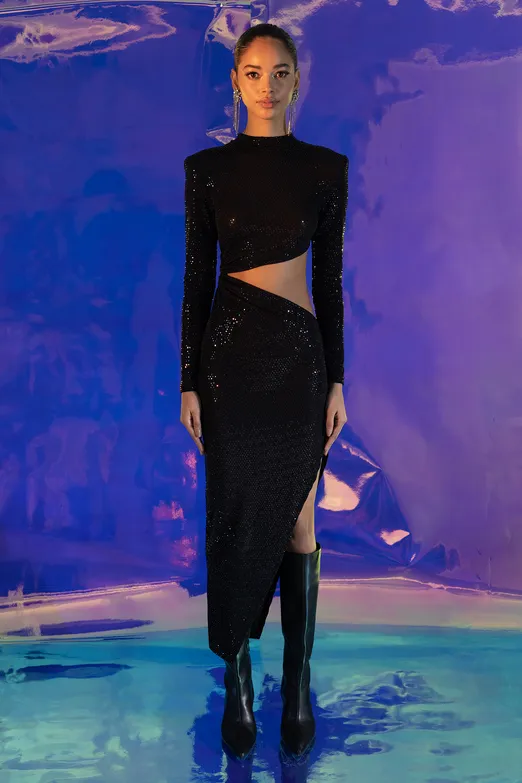 Bayan Siyah Pulpayet Derin Yırtmaçlı Bel Dekolteli Midi Elbise - BSL