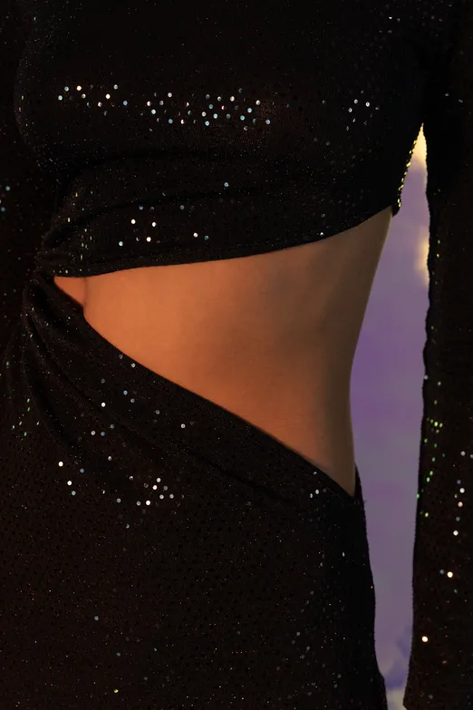 Bayan Siyah Pulpayet Derin Yırtmaçlı Bel Dekolteli Midi Elbise - BSL