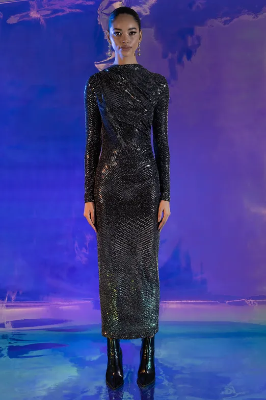 Bayan Gümüş Drapeli Pulpayet Midi Elbise - BSL