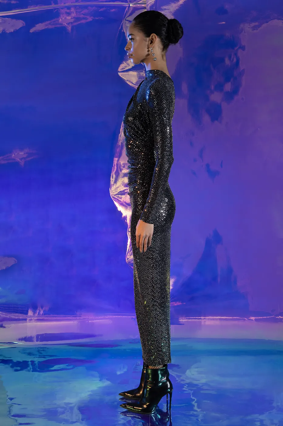 Bayan Gümüş Drapeli Pulpayet Midi Elbise