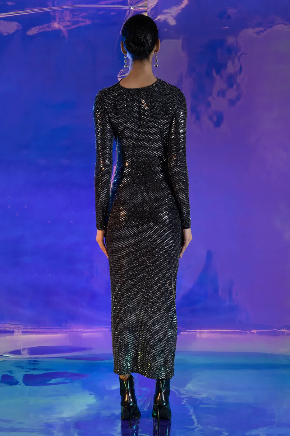 Bayan Gümüş Drapeli Pulpayet Midi Elbise