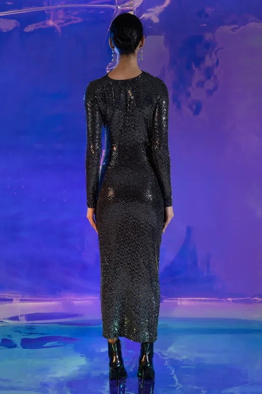 Bayan Gümüş Drapeli Pulpayet Midi Elbise - BSL