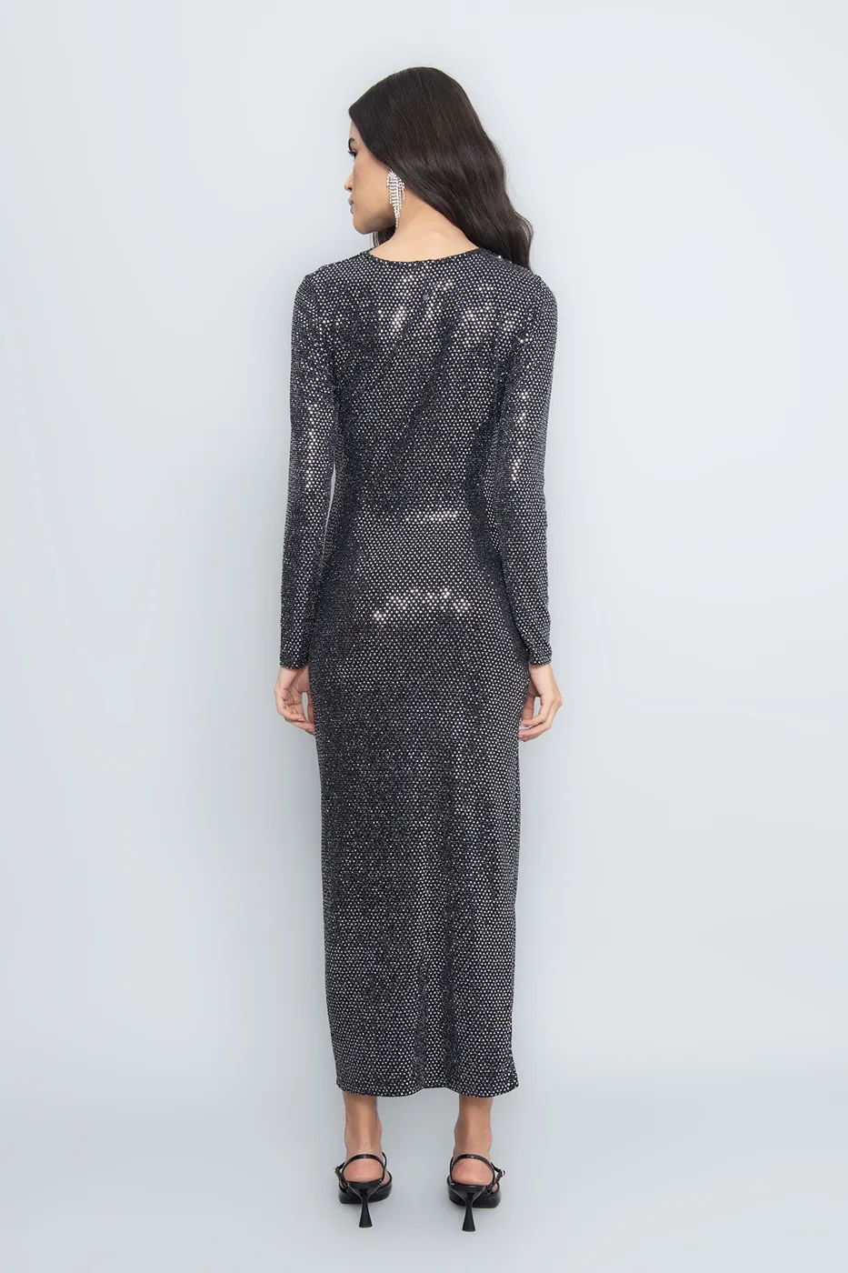 Bayan Gümüş Drapeli Pulpayet Midi Elbise