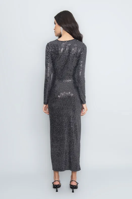 Bayan Gümüş Drapeli Pulpayet Midi Elbise - BSL