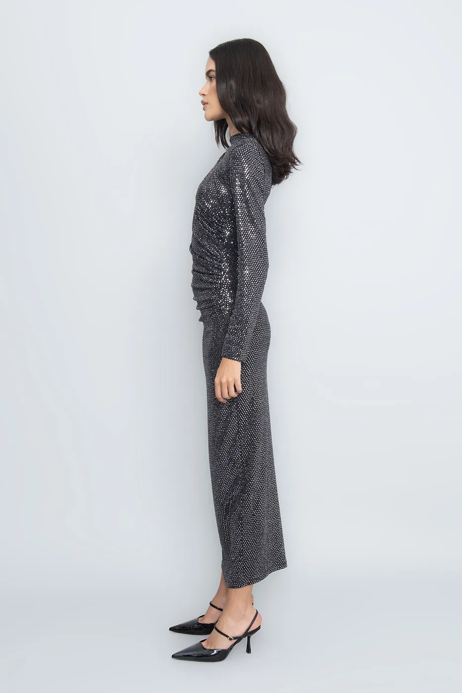 Bayan Gümüş Drapeli Pulpayet Midi Elbise