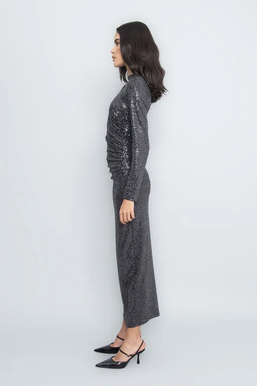 Bayan Gümüş Drapeli Pulpayet Midi Elbise - BSL