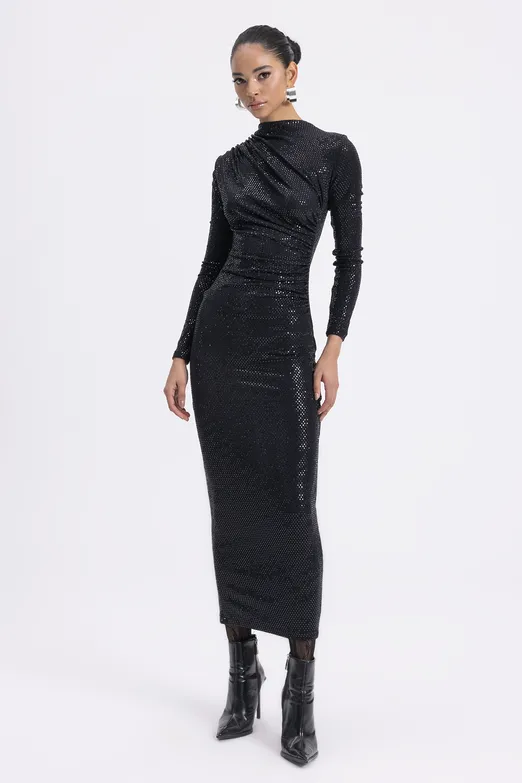 Bayan Siyah Drapeli Pulpayet Midi Elbise - BSL