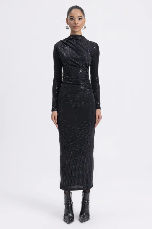 Bayan Siyah Drapeli Pulpayet Midi Elbise - BSL