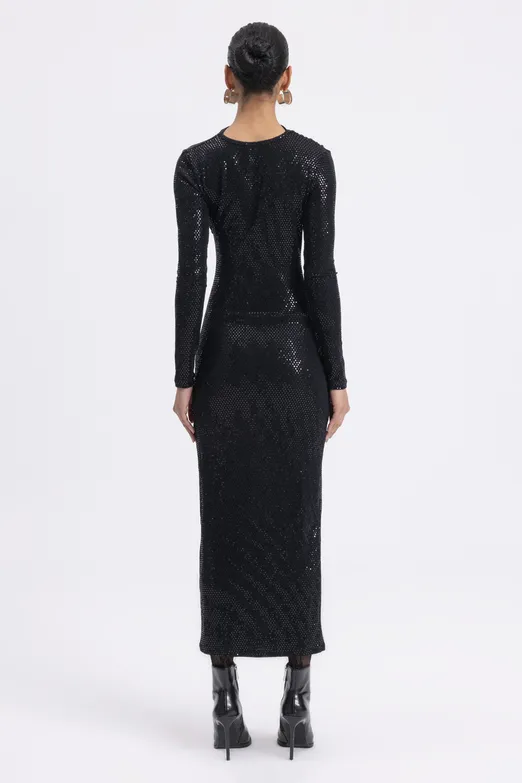 Bayan Siyah Drapeli Pulpayet Midi Elbise - BSL