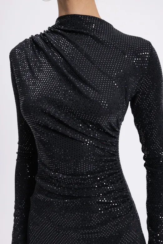 Bayan Siyah Drapeli Pulpayet Midi Elbise - BSL