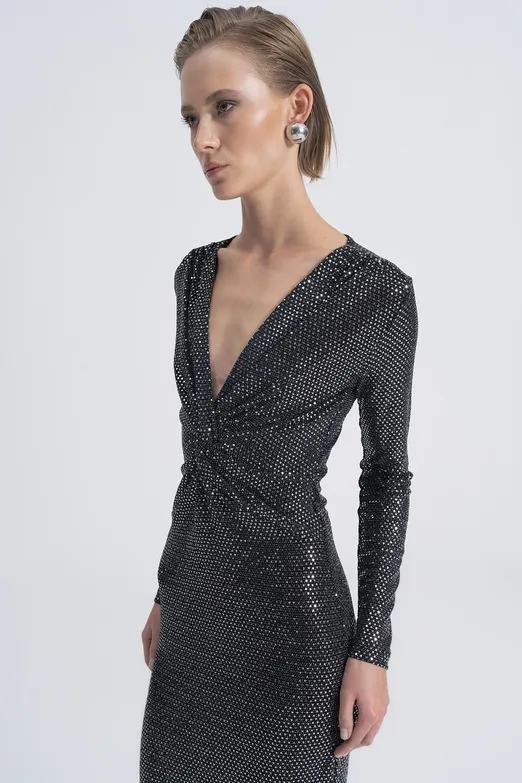 Bayan Gümüş Pul Payet Burgulu Maksi Elbise - BSL