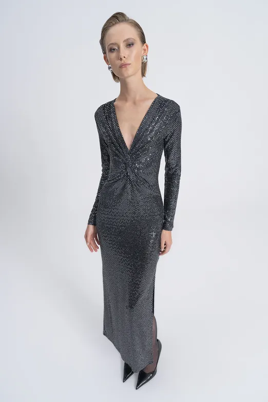 Bayan Gümüş Pul Payet Burgulu Maksi Elbise - BSL