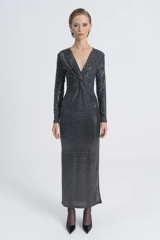 Bayan Gümüş Pul Payet Burgulu Maksi Elbise - BSL