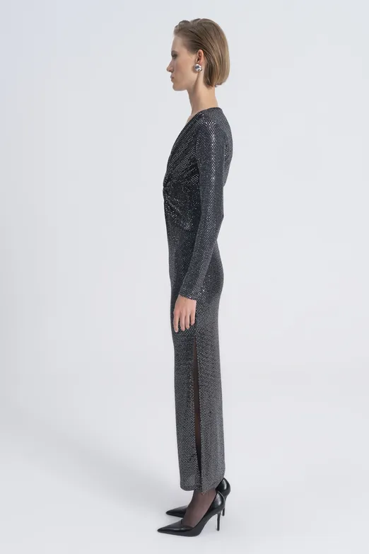 Bayan Gümüş Pul Payet Burgulu Maksi Elbise - BSL