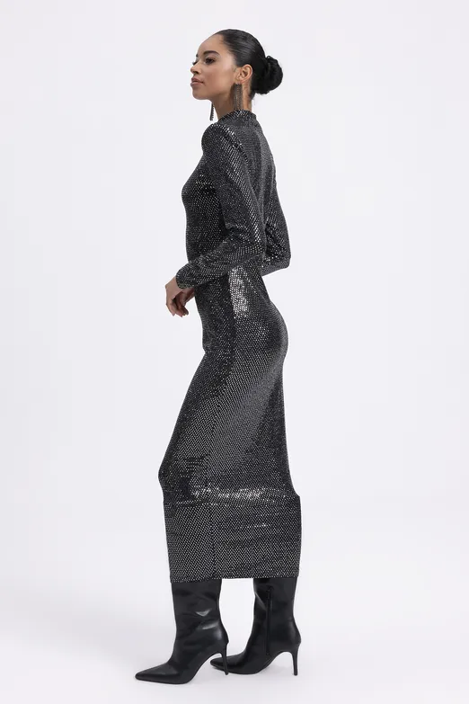 Bayan Gümüş Vatkalı Pulpayet Midi Kalem Elbise - BSL