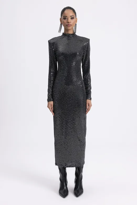 Bayan Gümüş Vatkalı Pulpayet Midi Kalem Elbise - BSL