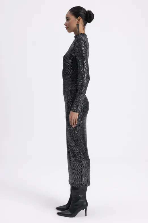 Bayan Gümüş Vatkalı Pulpayet Midi Kalem Elbise - BSL