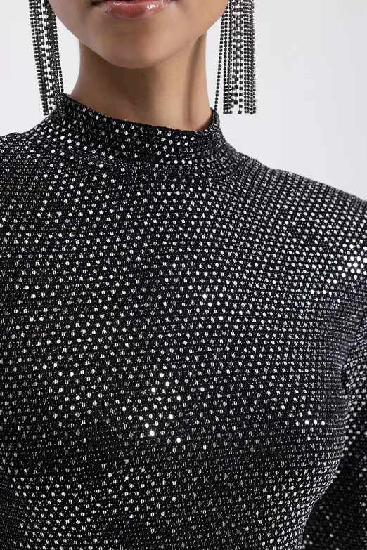 Bayan Gümüş Vatkalı Pulpayet Midi Kalem Elbise - BSL