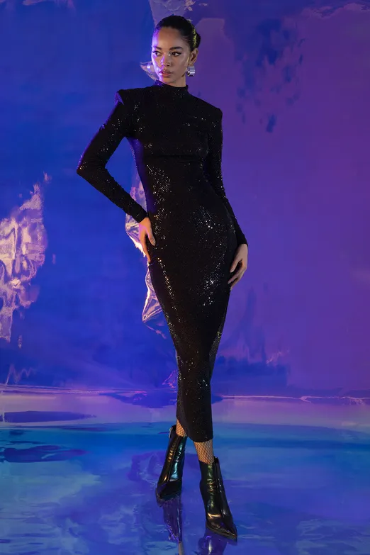 Bayan Siyah Vatkalı Pulpayet Midi Kalem Elbise - BSL