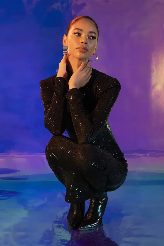 Bayan Siyah Vatkalı Pulpayet Midi Kalem Elbise - BSL