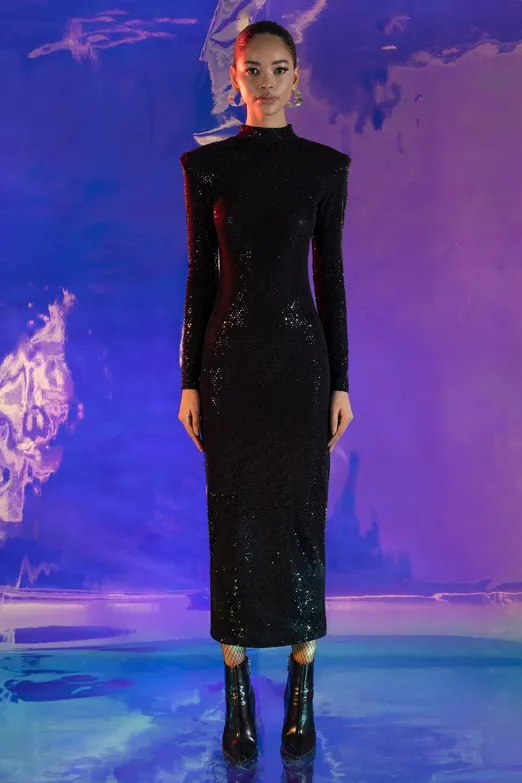 Bayan Siyah Vatkalı Pulpayet Midi Kalem Elbise - BSL