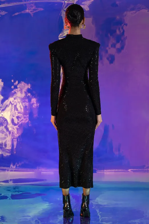 Bayan Siyah Vatkalı Pulpayet Midi Kalem Elbise - BSL