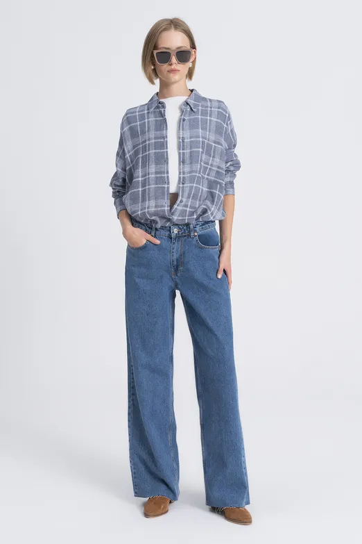 Bayan Mavi Baggy Normal Bel Denim Pantolon - BSL