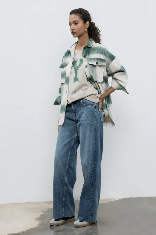 Bayan Mavi Baggy Normal Bel Denim Pantolon - BSL