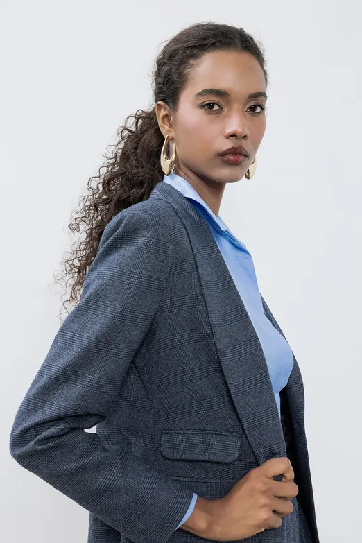 Bayan Lacivert Ekoseli Blazer Ceket - BSL