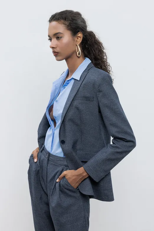 Bayan Lacivert Ekoseli Blazer Ceket - BSL