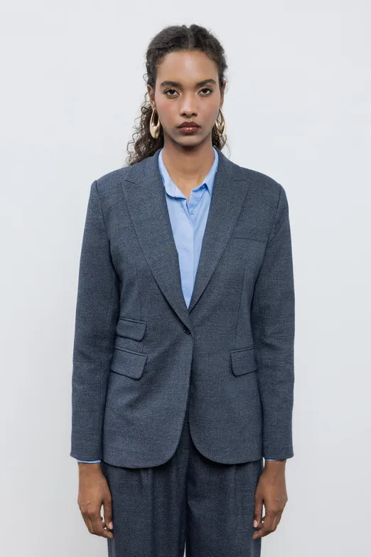 Bayan Lacivert Ekoseli Blazer Ceket - BSL