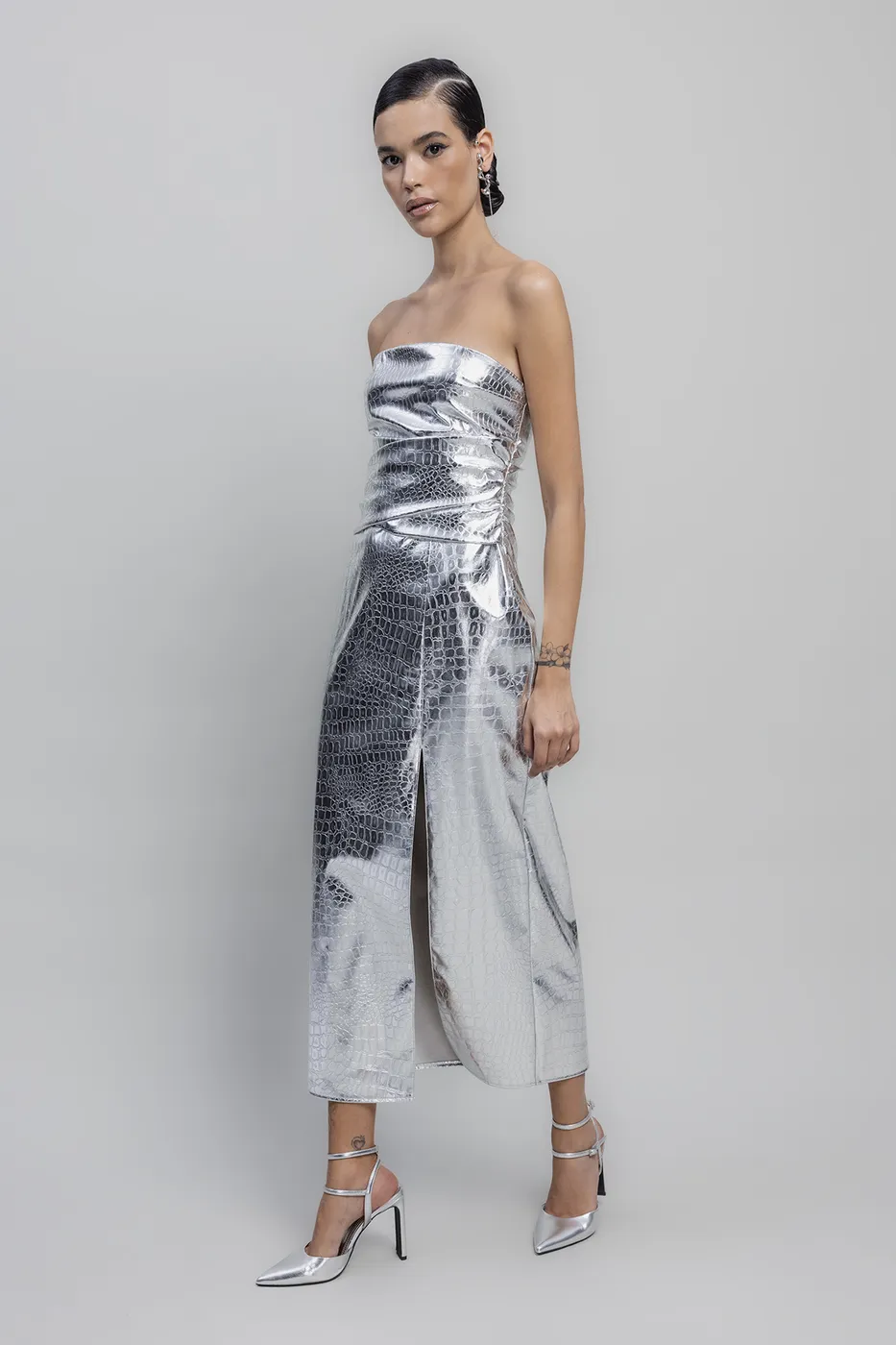 Bayan Gümüş Straplez Varak  Midiİ Elbise