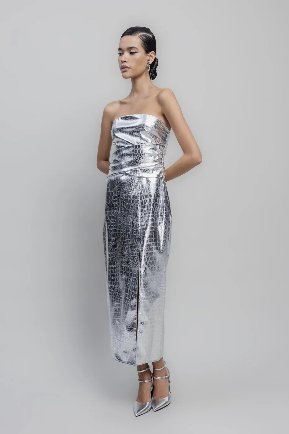 Bayan Gümüş Straplez Varak  Midiİ Elbise