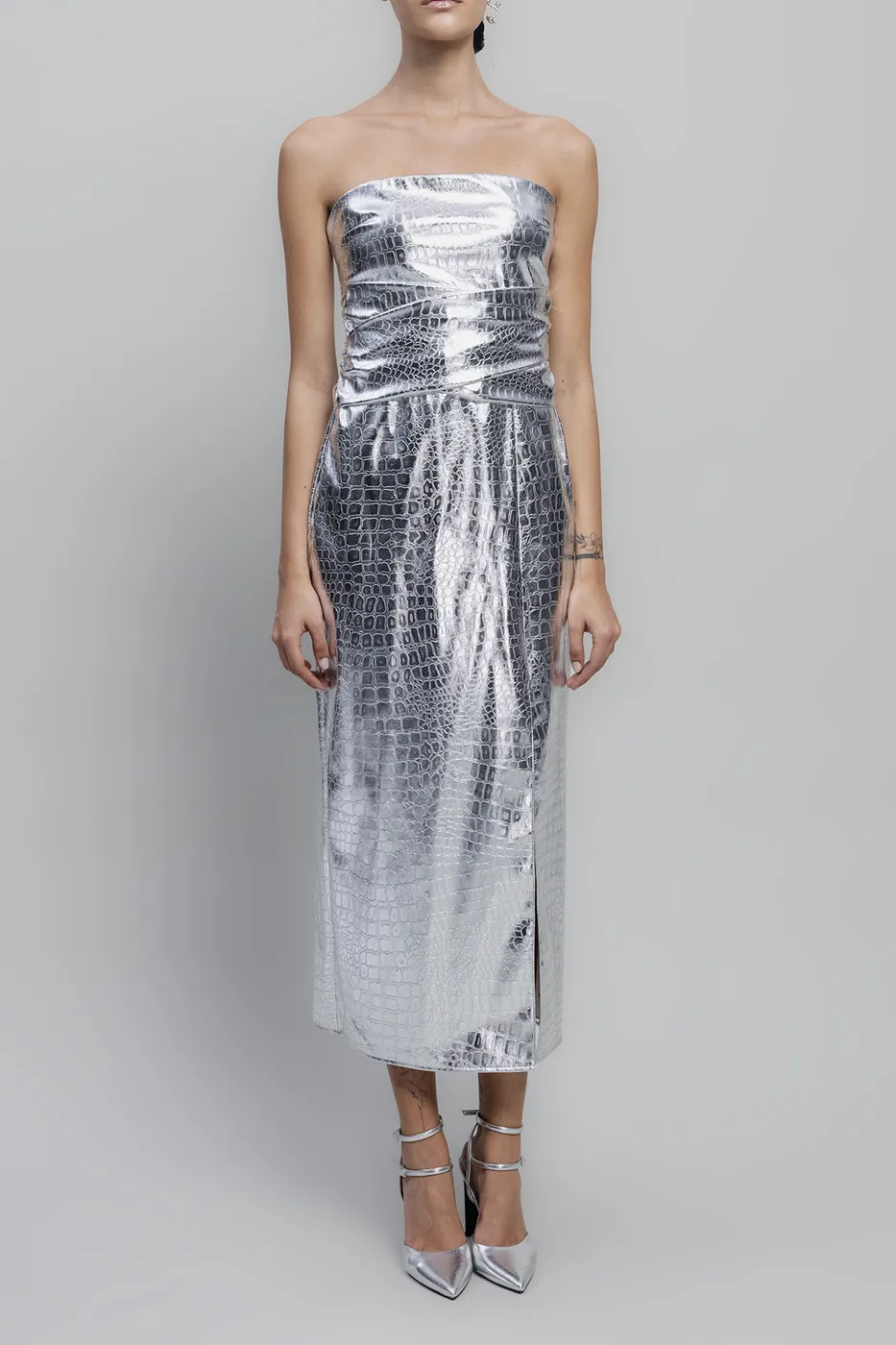 Bayan Gümüş Straplez Varak  Midiİ Elbise