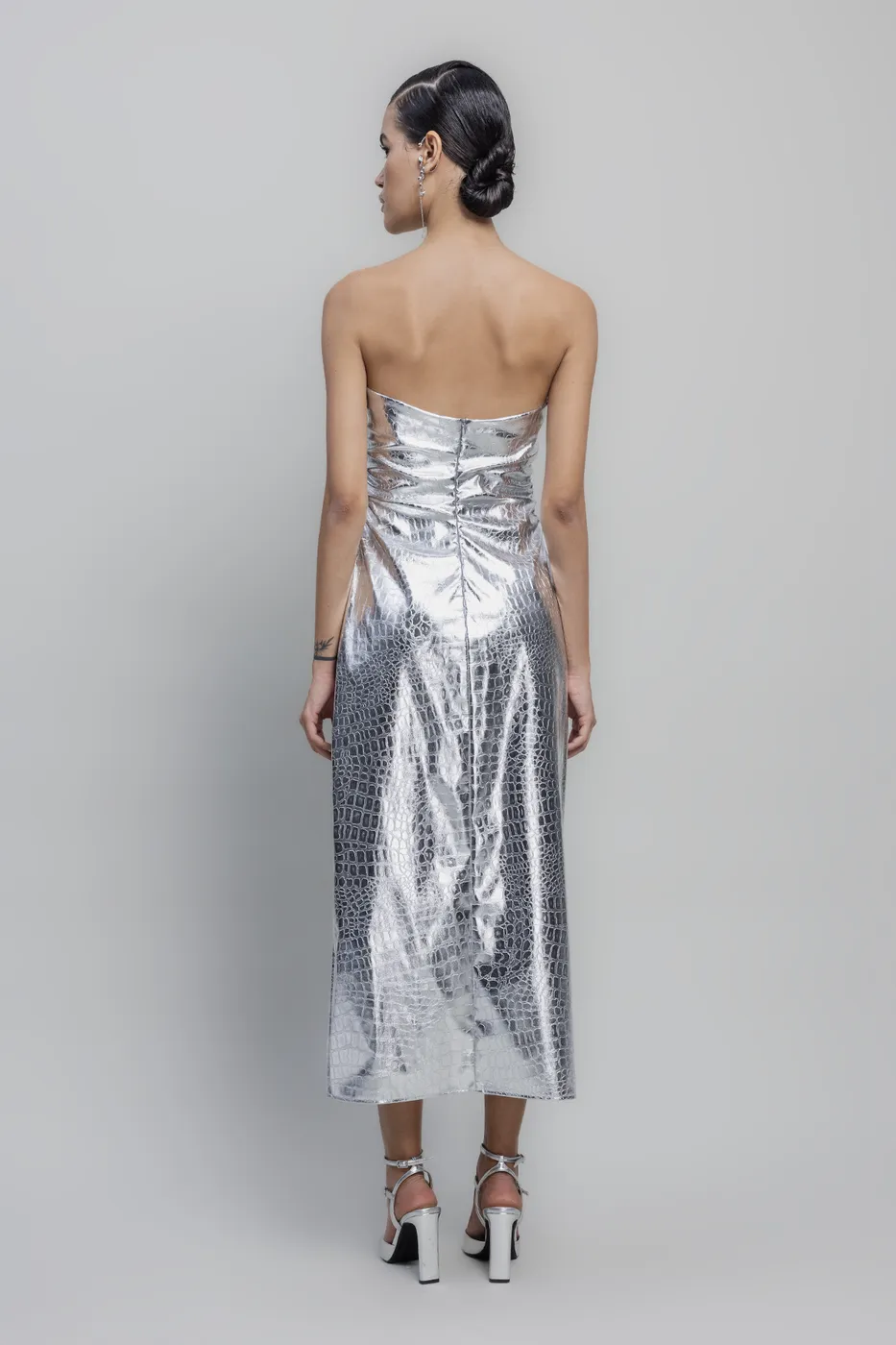 Bayan Gümüş Straplez Varak  Midiİ Elbise