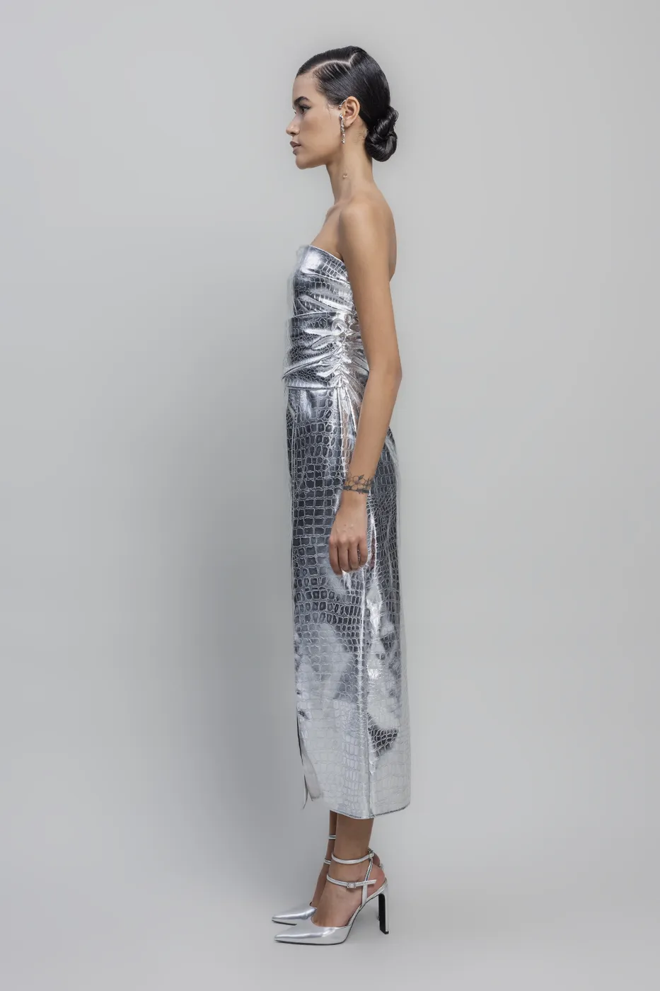 Bayan Gümüş Straplez Varak  Midiİ Elbise