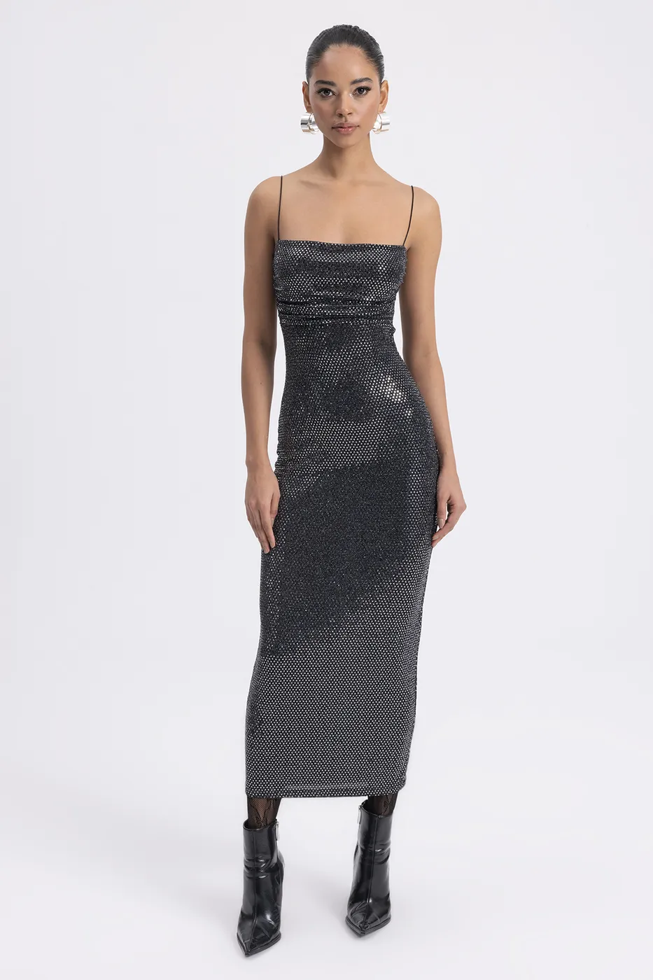 Bayan Gümüş Askılı Pulpayet Midi Elbise