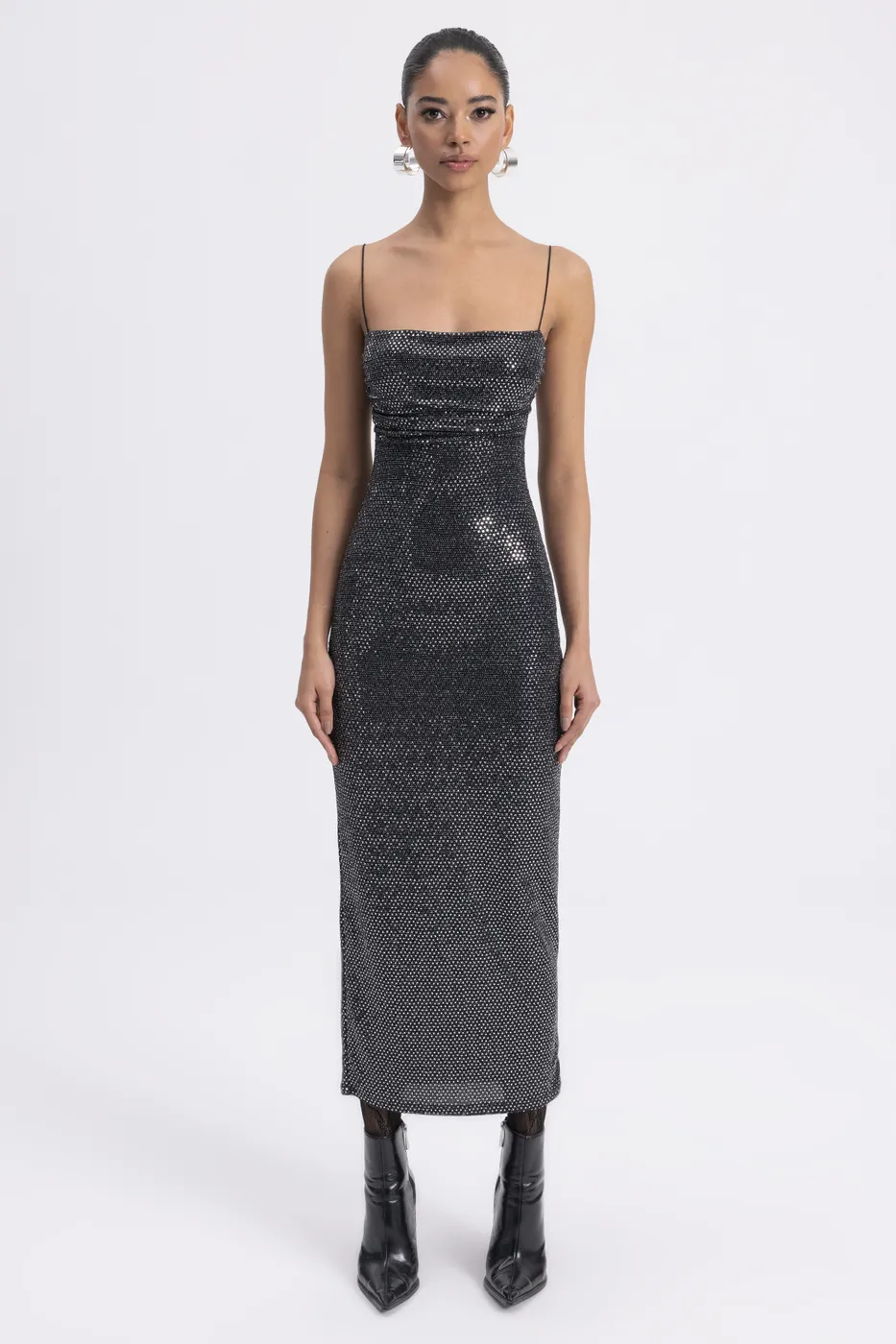 Bayan Gümüş Askılı Pulpayet Midi Elbise