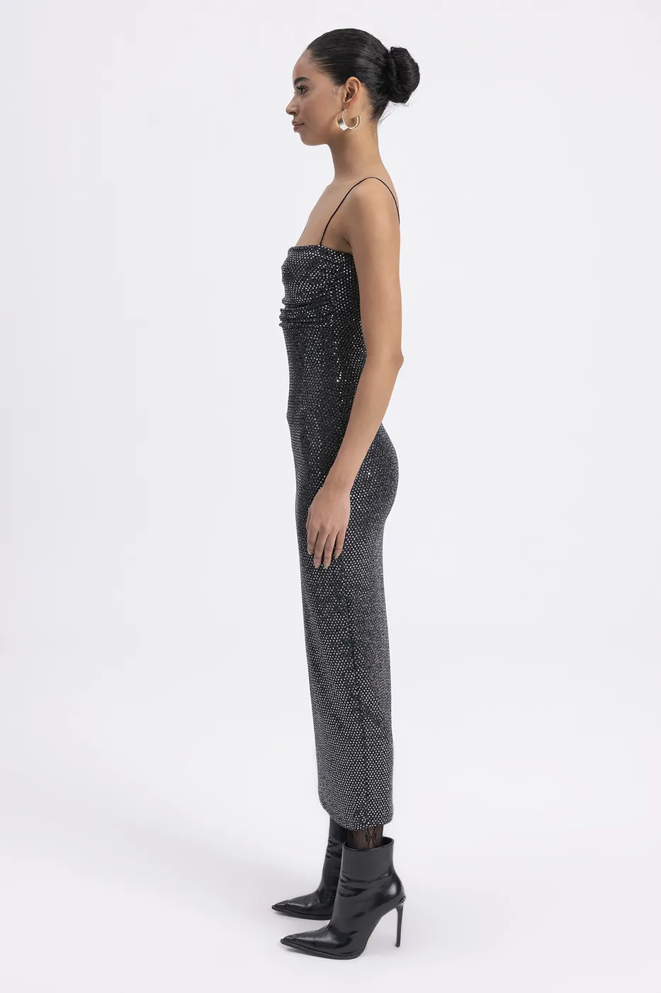 Bayan Gümüş Askılı Pulpayet Midi Elbise