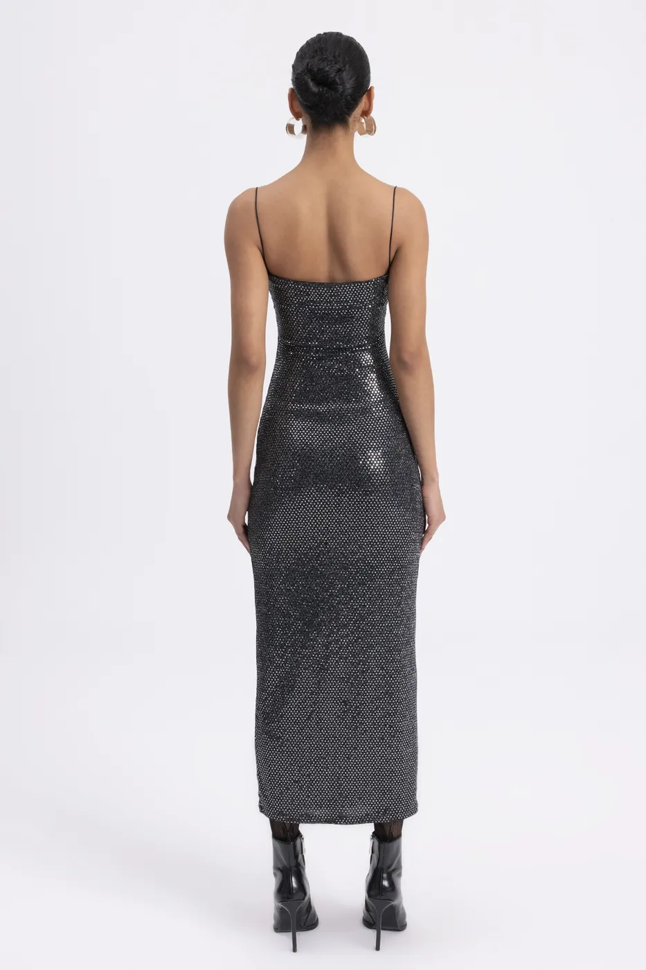 Bayan Gümüş Askılı Pulpayet Midi Elbise