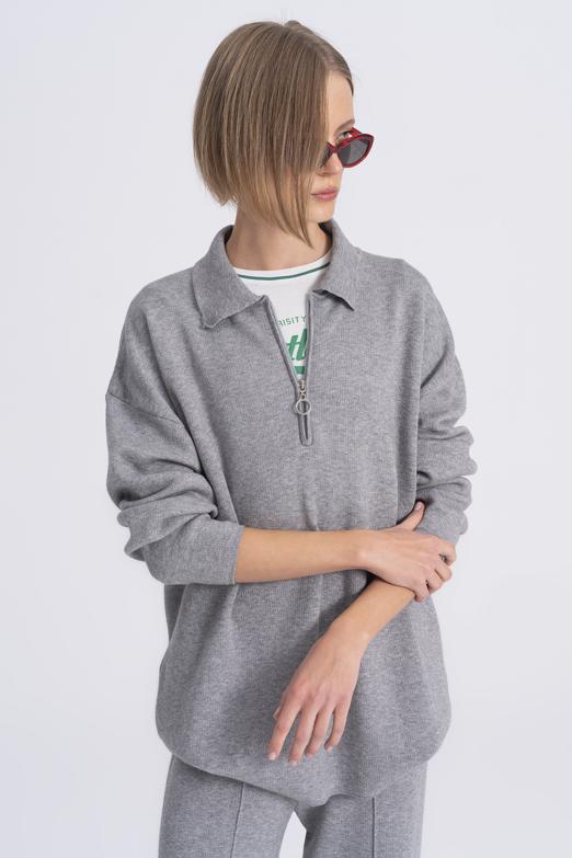 Bayan  Polo Yaka Oversize Triko Kazak