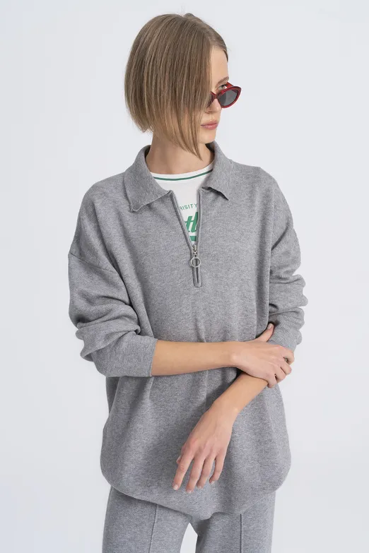 Bayan Gri Polo Yaka Oversize Triko Kazak - BSL