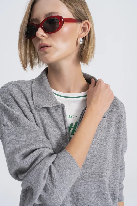 Bayan Gri Polo Yaka Oversize Triko Kazak - BSL